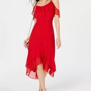 INC International Concepts Red Cold-Shoulder Ruffle Midi Dress